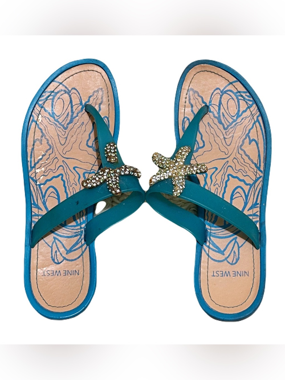 Nine West Teal Starfish Crystal Thong Sandals